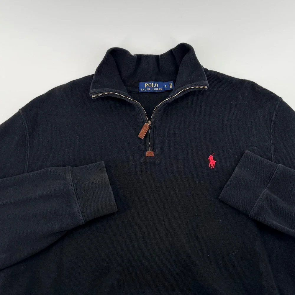 Polo Ralph Lauren Quarter Zip Cotton Sweater Mock Neck Black Large Mens